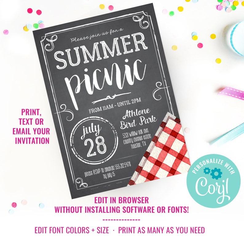 May include: A chalkboard style invitation for a summer picnic at Athlone Bird Park on July 28th. The invitation includes the time, location, and RSVP information. The text "Please join us for a Summer Picnic" is written in white on a black background. The invitation is decorated with a red and white gingham pattern.