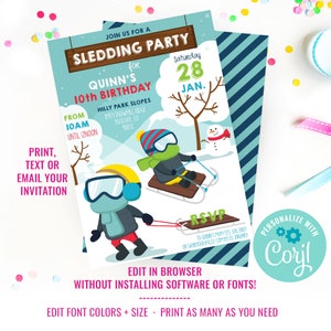 K&ouml;nnte beinhalten: Eine druckbare Einladung zu einer Schlittenparty zum 10. Geburtstag. Die Einladung hat einen blauen und wei&szlig;en Hintergrund mit einer Cartoon-Illustration von zwei Kindern, die einen schneebedeckten H&uuml;gel hinunterrodeln. Der Text auf der Einladung lautet "Schlie&szlig;en Sie sich uns zu einer Schlittenparty f&uuml;r Quinns 10. Geburtstag an" und "Samstag, 28. Januar".