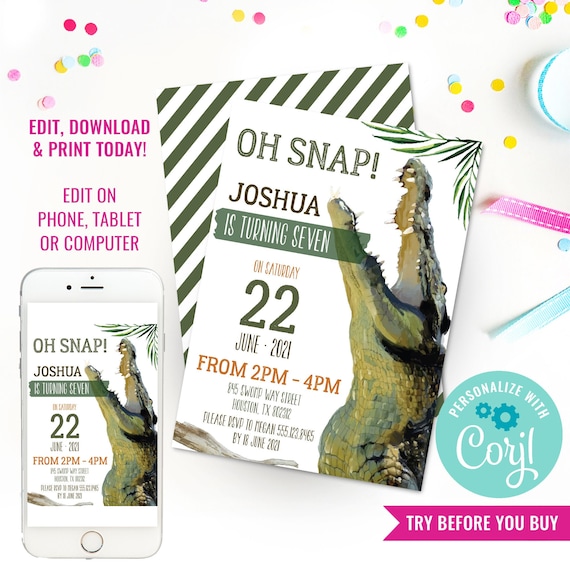 Crocodile Party Invitation - Crocodile Party - Alligator Party - Crocodile Invitation - Instant Download & Edit File with Corjl Il_570xn