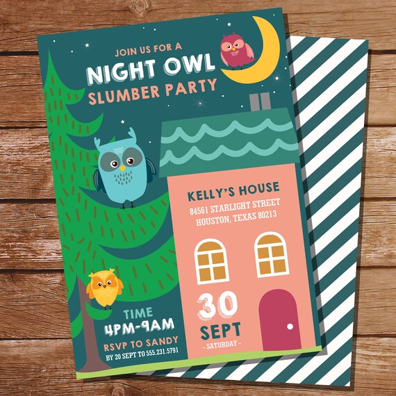 Night Owl Party Invitation - Slumber Party Invitation - Owl Birthday Party Invitation - Instant Download- Edit with Adobe Reader Il_570xn