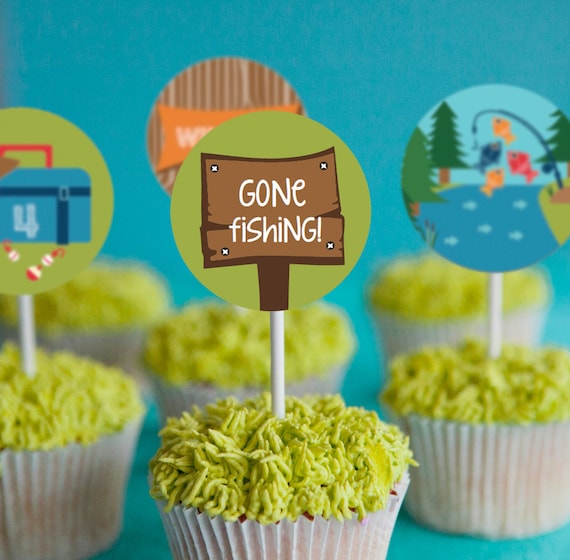 Gone Fishing Party Cupcake Toppers - Fishing Cupcake Toppers - Instant Download and Edit File at home with Adobe Reader - Print at home Il_570xn