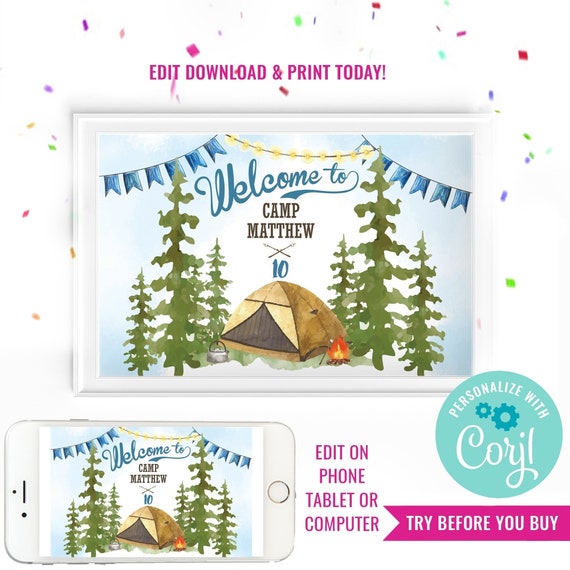Camping Party Watercolor Welcome Sign - 11x17 Welcome Sign - Camping Party Printable Sign - Instant Download & Edit File with Corjl Il_570xn