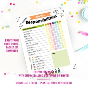 Kids Daily Responsibilities Chart Printable Editable Chore Chart Custom ...