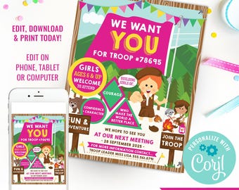 Girl Scouts Brownie Recruitment Flyer Printable Girl Scout Recruitment Poster Join The Troop Flyer Instant Download Edit File in Corjl