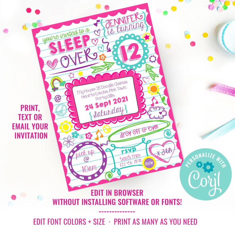 May include: A pink and white printable invitation for a sleepover party. The invitation features a doodle-style design with hearts, stars, and musical notes. The text on the invitation reads "You're invited to a Sleep Over" and "Jennifer is turning 12".