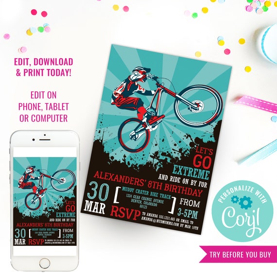 BMX Bike Party Invitation - Mountain Bike Party Invitation - Bike Party Invitation - Instant Download & Edit File with Corjl Il_570xn