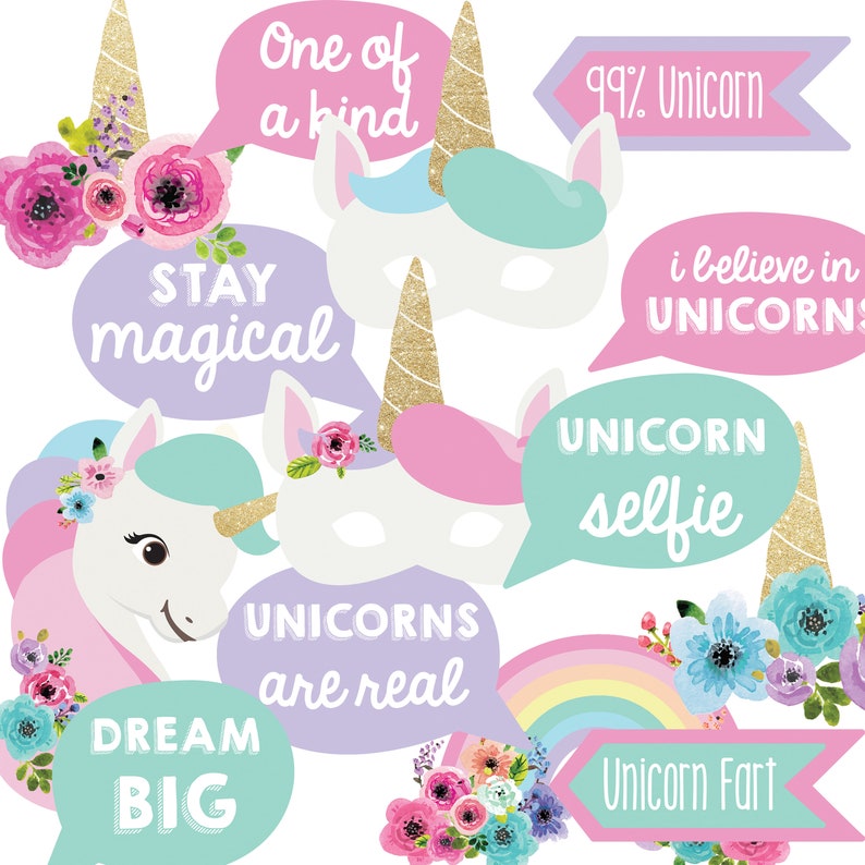Unicorn Party Photo Booth Props Unicorn Party Decorations Instant Download image 1