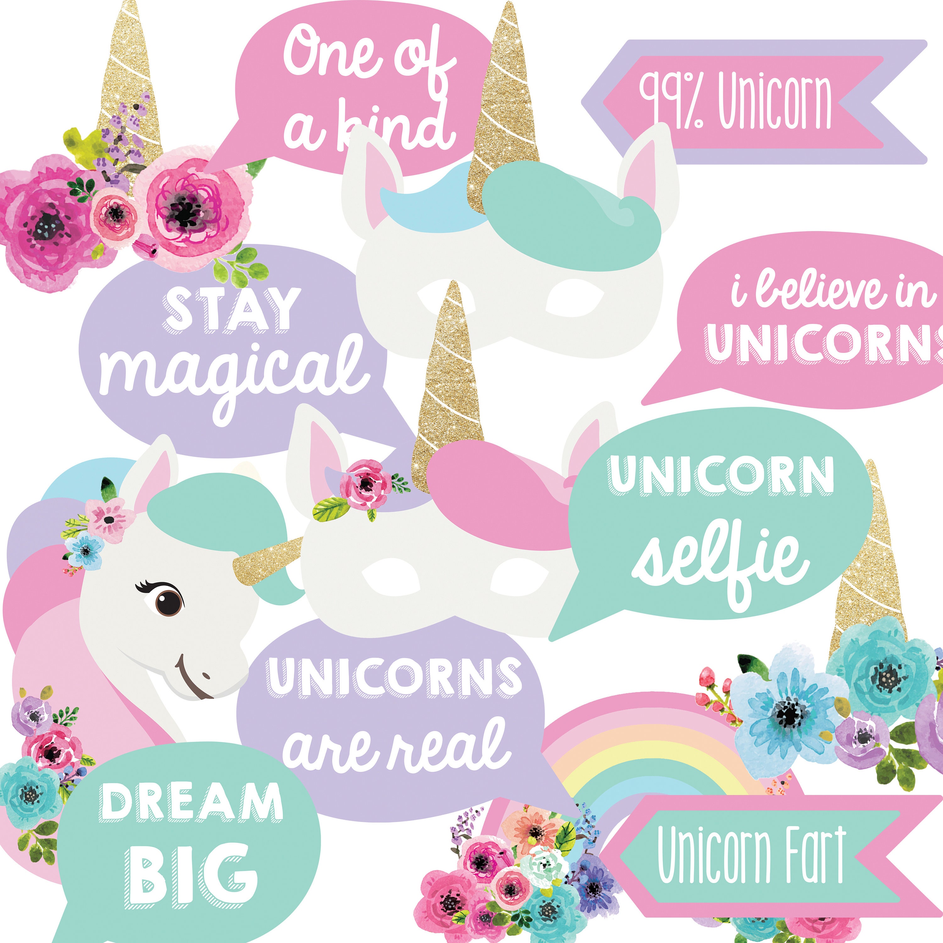 Unicorn Party Photo Booth Props Unicorn Party Decorations Instant Download