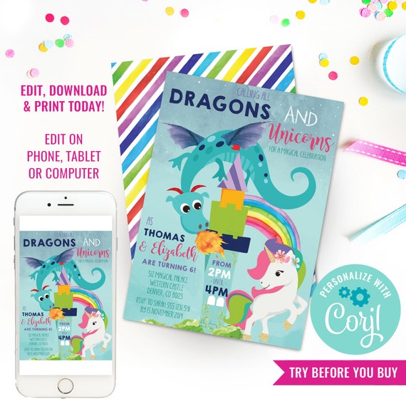 Dragon and Unicorn Party Invitation - Unicorn Dragon Party Invitation - Instant Download & Edit File with Corjl Il_570xn