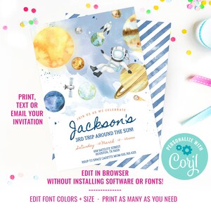 Boys Space Astronaut Birthday Party Invitation Space Birthday Party Watercolor Space Solar System Instant Download Edit File with Corjl image 2