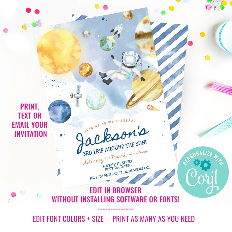 Boys Space Astronaut Birthday Party Invitation Space Birthday Party Watercolor Space Solar System Instant Download Edit File with Corjl image 2