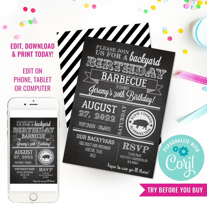 Chalkboard Birthday BBQ Invitation Birthday Barbecue Etsy