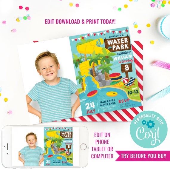 Water Park Party Photo Invitation - Water Slide Party Invitation - Pool Party Invitation - Instant Download & Edit File with Corjl Il_570xn