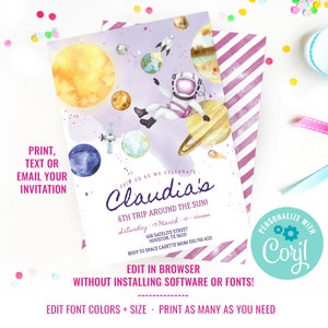 May include: A space-themed invitation with watercolor illustrations of planets, an astronaut, and a rocket ship. The invitation includes the text "Claudia's 6th Trip Around the Sun!" and details for the event. The invitation is customizable.