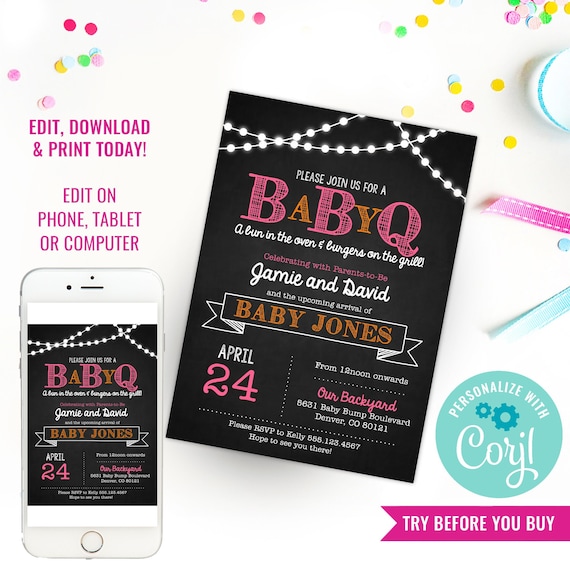 Chalkboard BaBy-Q Baby Shower for a Girl - BBQ Girl Baby Shower Invitation - Instant Download & Edit File with Corjl Il_570xn