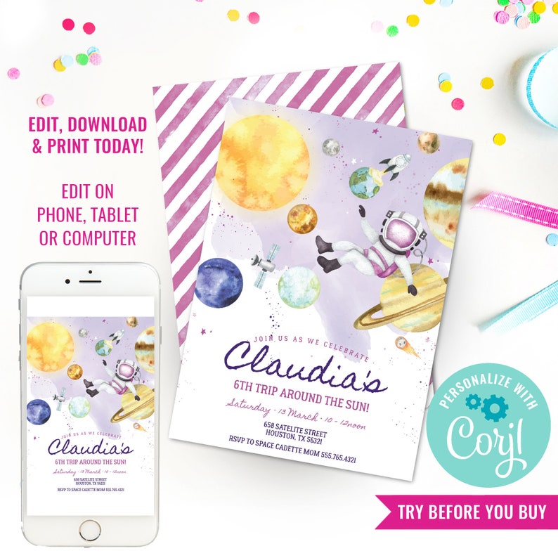 May include: A watercolor-style invitation with a space theme. The design features planets, an astronaut, and the text "Claudia's 6th Trip Around the Sun!" The invitation is available to edit and print on a phone, tablet, or computer.