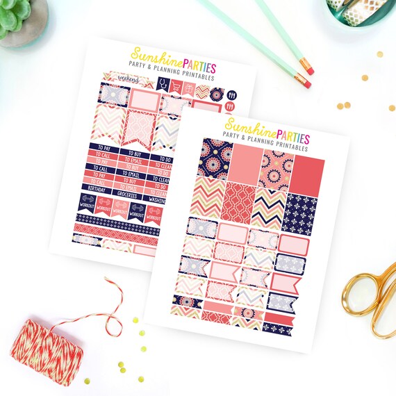 Navy, Coral & Glitter Planner Stickers | Organizer Planner Stickers- Instant Download - Print at home Il_570xn