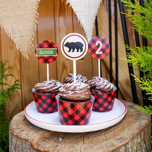 Chłopiec Urodziny Drwal Cupcake Wrappers Toppers Mały Drwal Cupcake Wrappers DIY Natychmiastowe pobieranie Edytuj za pomocą Adobe Reader
