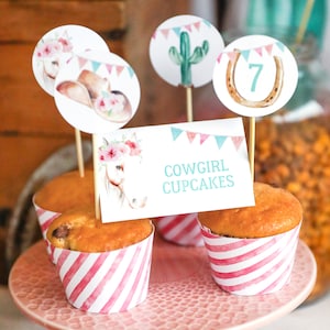 Cowgirl Birthday Party Cupcake Topper, Wrappers And Food Labels - Cowgirl Party Decor - Instant Download + Edit File at home in Adobe Reader