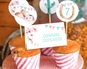 Cowgirl Birthday Party Cupcake Topper, Wrappers And Food Labels - Cowgirl Party Decor - Instant Download + Edit File at home in Adobe Reader