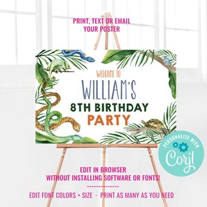 May include: A printable 8th birthday party sign with a jungle theme. The sign features a white background with green leaves, snakes, a chameleon, and a turtle. The text on the sign reads "Welcome to William's 8th Birthday Party".