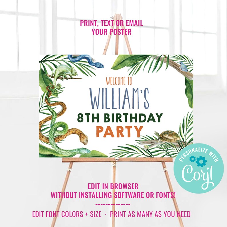 May include: A printable 8th birthday party sign with a jungle theme. The sign features a white background with green leaves, snakes, a chameleon, and a turtle. The text on the sign reads "Welcome to William's 8th Birthday Party".