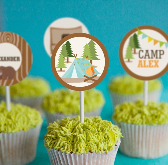 Camping Tent Party Cupcake Toppers - Camp Out Toppers - Instant Download and Editable File - Personalize at home with Adobe Reader Il_570xn