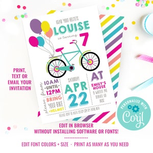 May include: A colorful birthday party invitation for a girl turning 7. The invitation features a bicycle with balloons, the text "Grab your helmets Louise is turning 7", and the date "Saturday April 22".