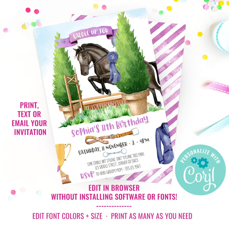 Horse Show Jumping Party Invitation Watercolor Horse Birthday Party Invite Pony Party Invite Instant Download & Edit File with Corjl image 2