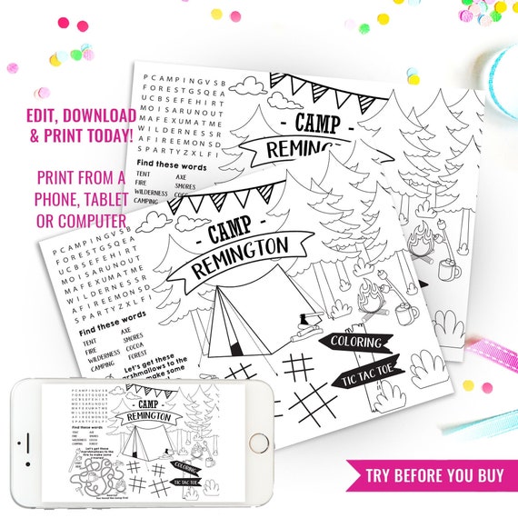 Printable Camping Coloring Custom Placemat DIY Camp Out Party Summer Camp Sleepover Activity Mat Instant Download Edit File in Corjl