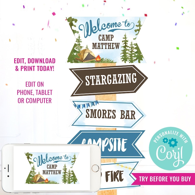 Camping Party Watercolor Directional Signs Welcome Sign - Etsy