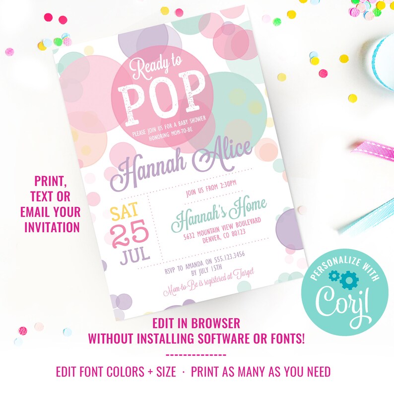 Puede incluir: Una invitaci&oacute;n de baby shower imprimible con un patr&oacute;n de lunares rosa, amarillo y azul. El texto dice "Ready to Pop" y "Hannah Alice". La fecha es el 25 de julio. La invitaci&oacute;n es personalizable con el texto "Personalizar con Coryl".