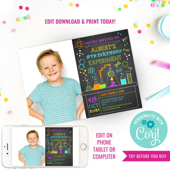 Science Lab Experiment Party Photo Invitation for a Boy or Girl - Science Lab Party - Instant Download & Edit File with Corjl Il_570xn