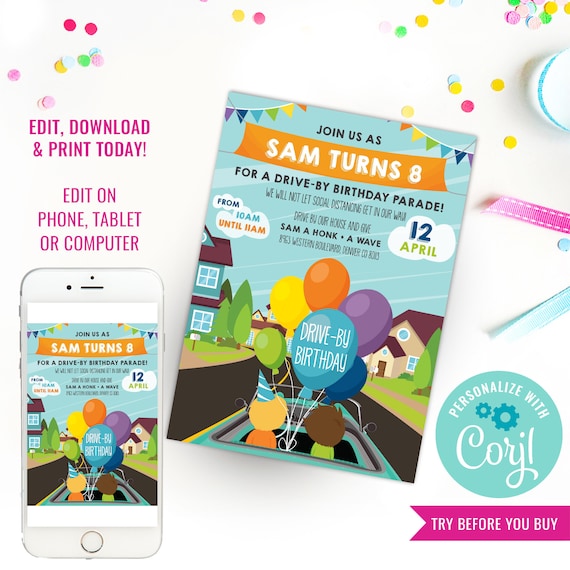 Drive-By Birthday Party Invitation - Drive By Birthday Invitation - Quarantine Birthday Parade - Instant Download & Edit File with Corjl Il_570xn