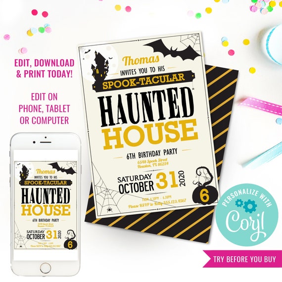 Halloween Haunted House Party Invitation - Haunted House Birthday Party Invitation - Instant Download & Edit File with Corjl Il_570xn