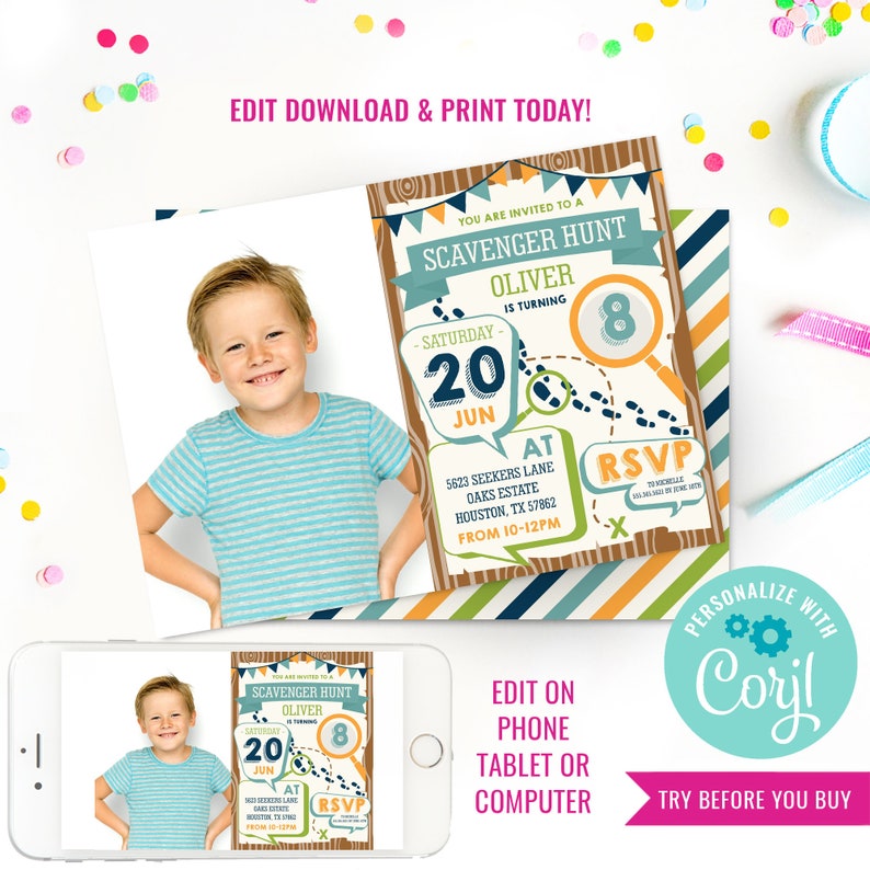 May include: A birthday party invitation with a scavenger hunt theme. The invitation features a cartoon magnifying glass, footprints, and the text "You are invited to a Scavenger Hunt". The invitation is shown on a phone and printed on paper.