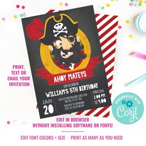 May include: Ahoy Mateys! A printable invitation for a 5th birthday party with a pirate theme. The invitation features a cartoon pirate with a red bandana, an eyepatch, and a gold earring. The text on the invitation reads "Ahoy Mateys! Join the crew for William's 5th Birthday".