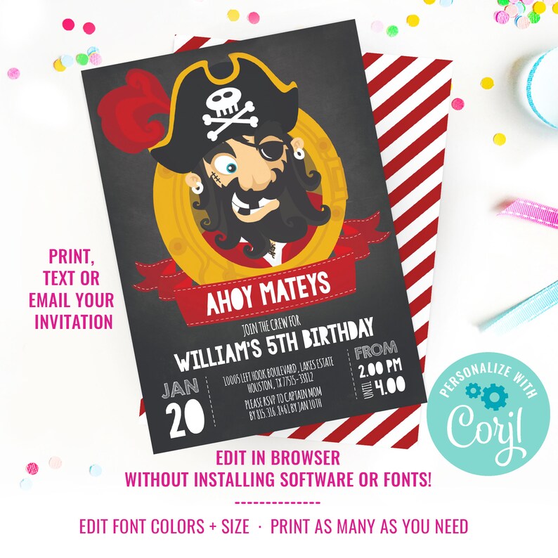May include: Ahoy Mateys! A printable invitation for a 5th birthday party with a pirate theme. The invitation features a cartoon pirate with a red bandana, an eyepatch, and a gold earring. The text on the invitation reads "Ahoy Mateys! Join the crew for William's 5th Birthday".