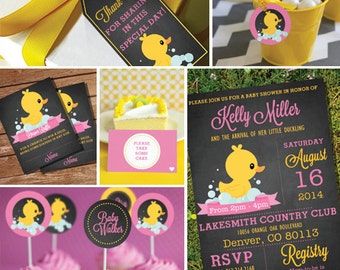 Chalkboard Rubber Duck Baby Shower Theme - Girl Baby Shower Prinables - Instant Download + Editable File - Personalize with Adobe Reader