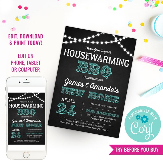 Chalkboard Housewarming BBQ Invitation - Housewarming Party - Housewarming BBQ - Instant Download & Edit File with Corjl Il_570xn