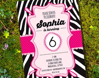 Fiesta de cumpleaños de niñas con temática de cebra en rosa y negro. Fiesta de safari con temática de cebra glamorosa. Descarga instantánea. Editar con Adobe Reader