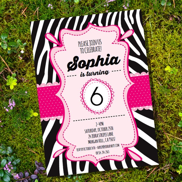 Zebra Party Theme in Pink and Black - Invitation Only - Instantly Downloadable and Editable File - Personalize at home with Adobe Reader