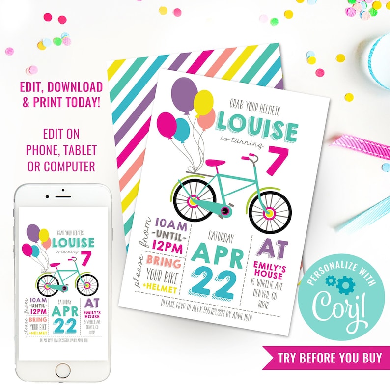 May include: A colorful birthday party invitation for a girl turning seven. The invitation features a bicycle with balloons and the text "Grab your helmets Louise is turning 7". The invitation also includes the date and time of the party, "Saturday April 22 at 10am until 12pm", and the location, "Emily's House".