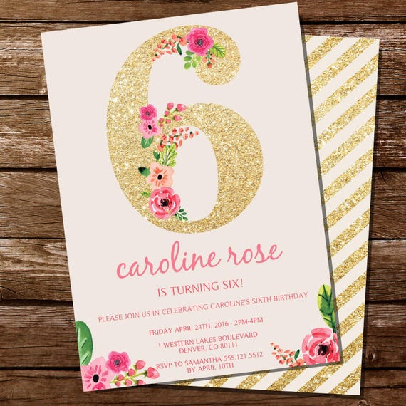 sixth-birthday-invitation-gold-glitter-floral-watercolor-etsy-canada