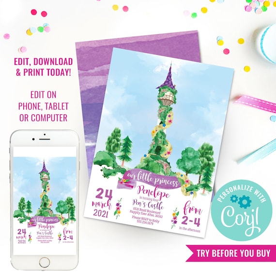 Rapunzel Party Invitation - Princess Party Invitation - Instant Download & Edit File with Corjl Il_570xn