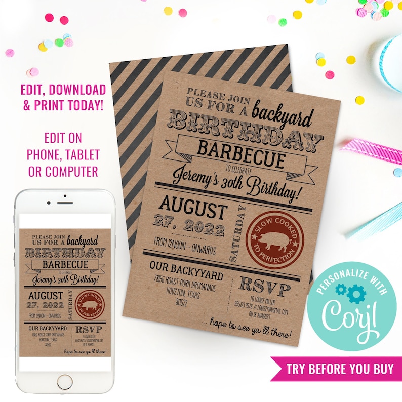 Kraft Paper BBQ Birthday Invitation Summer Barbecue Birthday Barbeque Invitation Instant Download & Edit File with Corjl image 1
