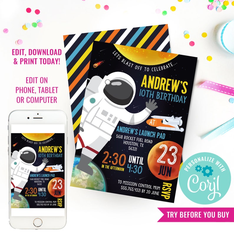 May include: A printable invitation for a 10th birthday party with a space theme. The invitation features an astronaut in a spacesuit, planets, and stars. The text on the invitation reads "Let's blast off to celebrate... Andrew's 10th Birthday".