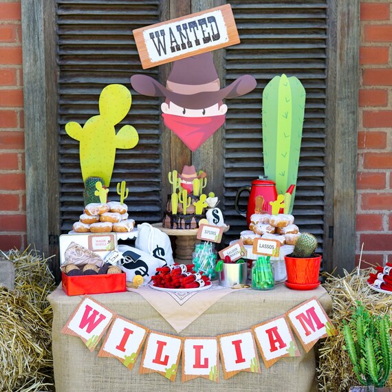 Cowboy Party Backdrops| Face, Cactus & 'Wanted'Sign - Instant Download and Editable File Il_570xn