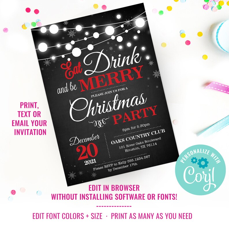 Chalkboard Christmas Party Invitation Christmas Party Christmas Lights Party Instant Download & Edit File with Corjl image 2