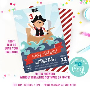 Invitación a fiesta de cumpleaños de niño pirata Invitación linda a fiesta de cumpleaños pirata Descarga instantánea Editar archivo con Corjl imagen 2